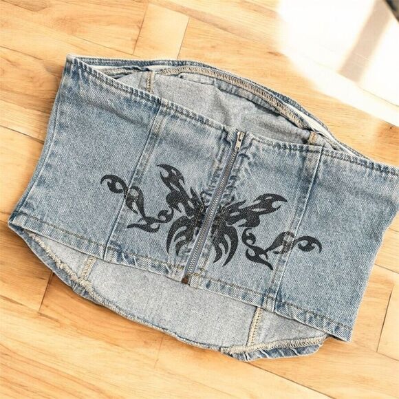 Forever 21 Blue Denim Printed Tube Top Cherry Y2K Medium Light - Picture 2 of 8